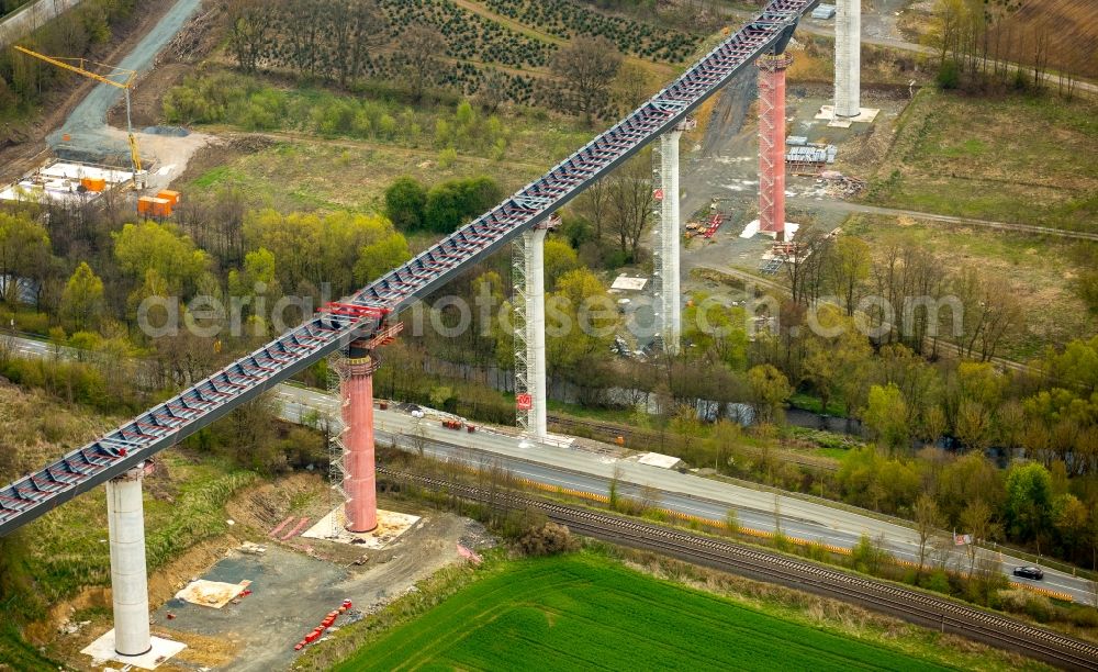 Aerial image Bestwig - Construction site for the new building of Routing and traffic lanes over the highway bridge in the motorway A A 46 - B480n Neue Ruhrtalbruecke Bermecke in Bestwig in the state North Rhine-Westphalia