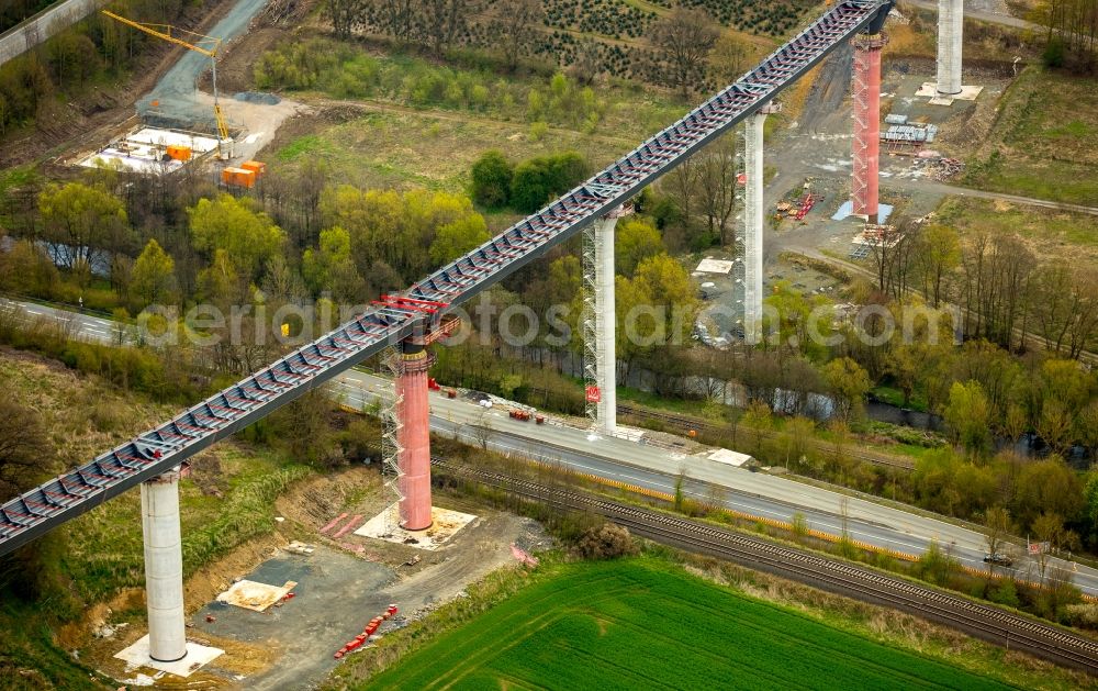 Aerial photograph Bestwig - Construction site for the new building of Routing and traffic lanes over the highway bridge in the motorway A A 46 - B480n Neue Ruhrtalbruecke Bermecke in Bestwig in the state North Rhine-Westphalia