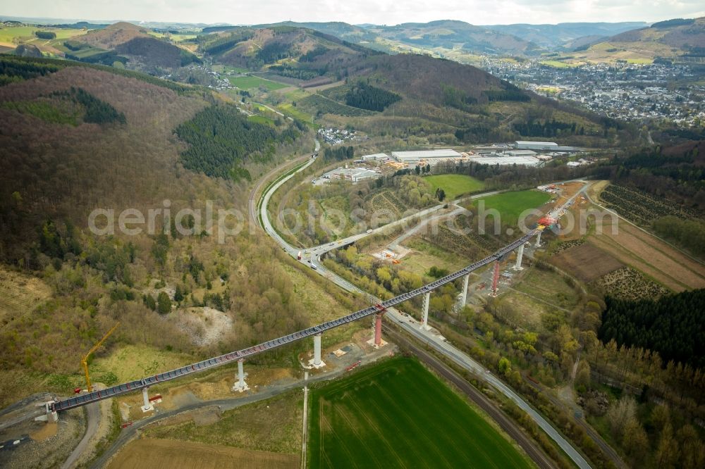 Bestwig from above - Construction site for the new building of Routing and traffic lanes over the highway bridge in the motorway A A 46 - B480n Neue Ruhrtalbruecke Bermecke in Bestwig in the state North Rhine-Westphalia