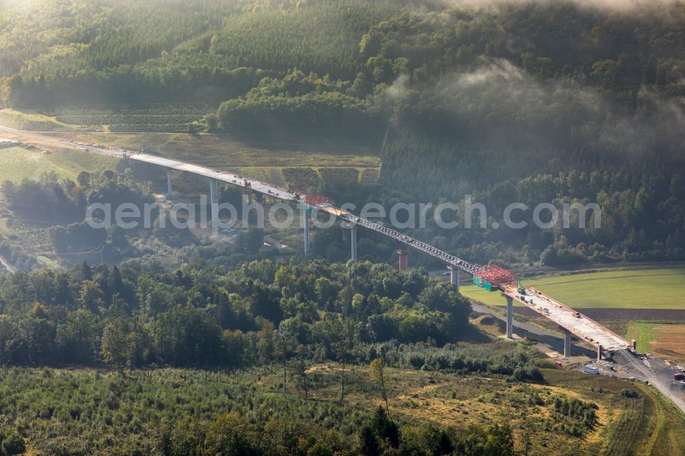 Aerial image Bestwig - Construction site for the new building of Routing and traffic lanes over the highway bridge in the motorway A A 46 - B480n Neue Ruhrtalbruecke Bermecke in Bestwig in the state North Rhine-Westphalia