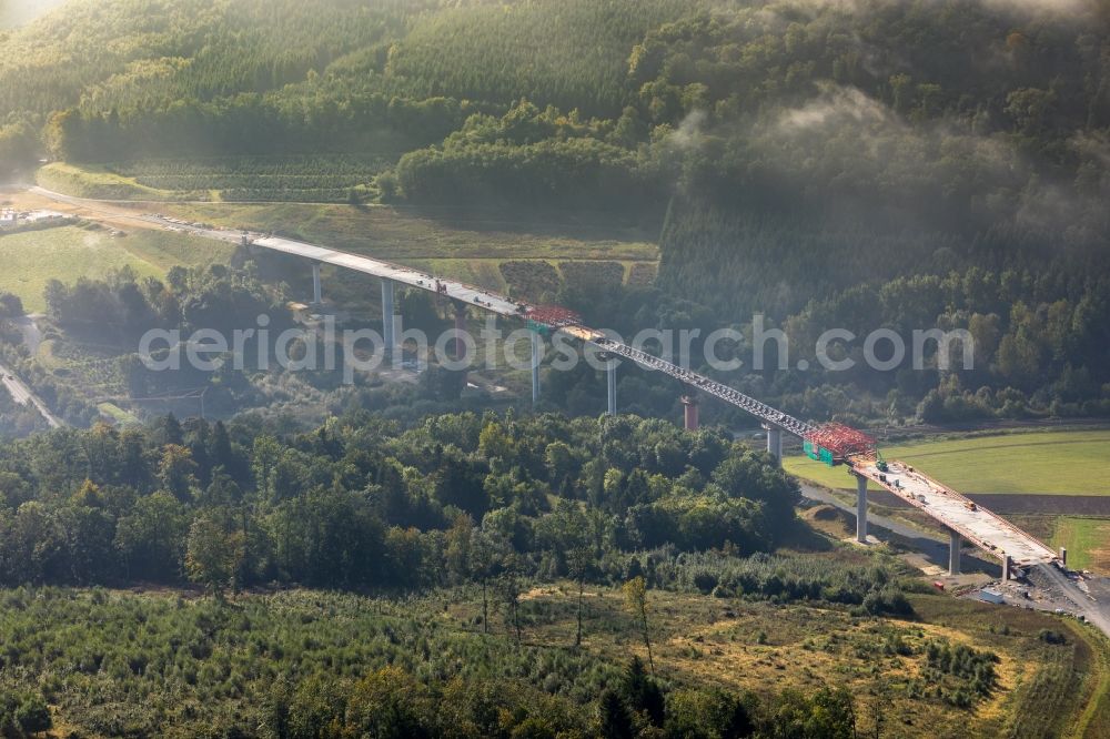 Aerial photograph Bestwig - Construction site for the new building of Routing and traffic lanes over the highway bridge in the motorway A A 46 - B480n Neue Ruhrtalbruecke Bermecke in Bestwig in the state North Rhine-Westphalia