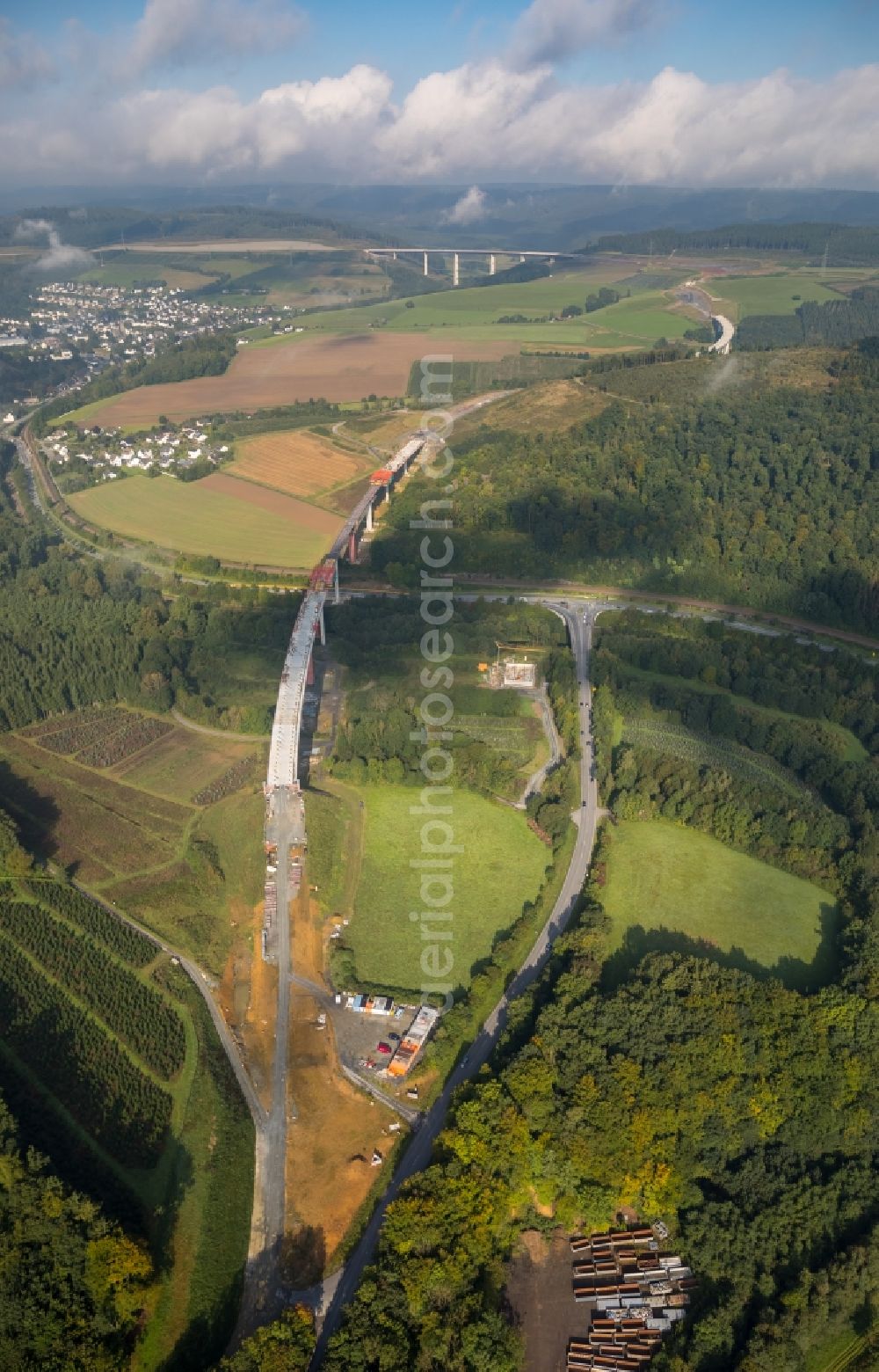 Bestwig from above - Construction site for the new building of Routing and traffic lanes over the highway bridge in the motorway A A 46 - B480n Neue Ruhrtalbruecke Bermecke in Bestwig in the state North Rhine-Westphalia