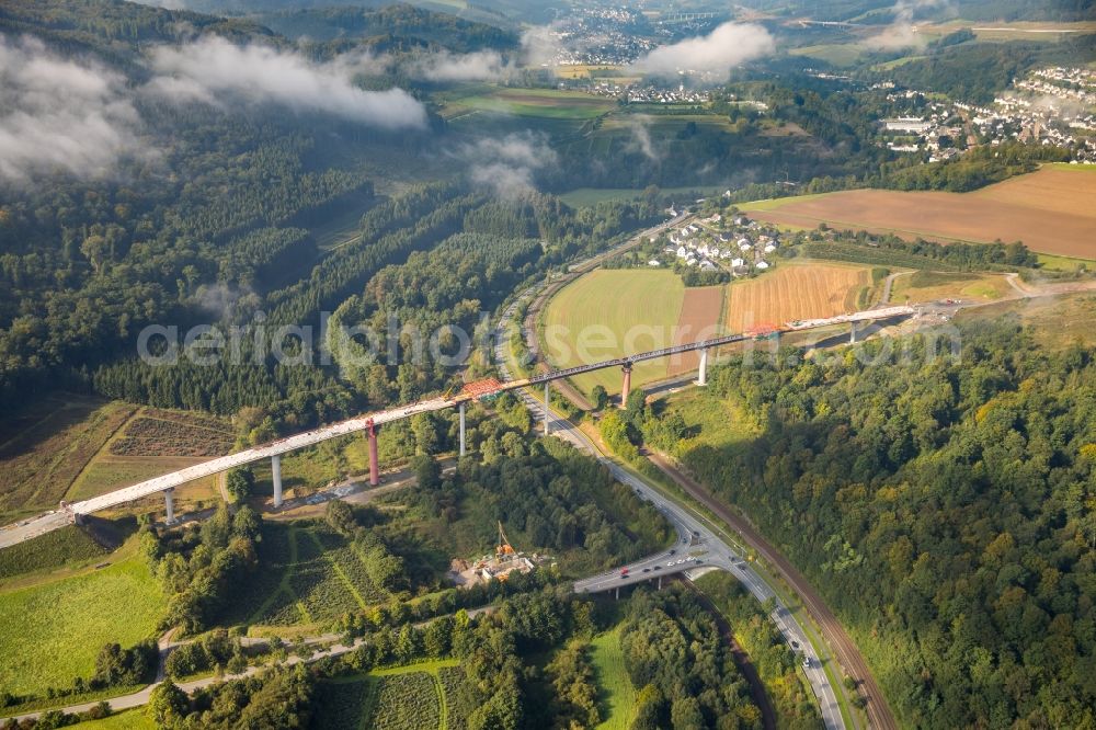 Aerial image Bestwig - Construction site for the new building of Routing and traffic lanes over the highway bridge in the motorway A A 46 - B480n Neue Ruhrtalbruecke Bermecke in Bestwig in the state North Rhine-Westphalia