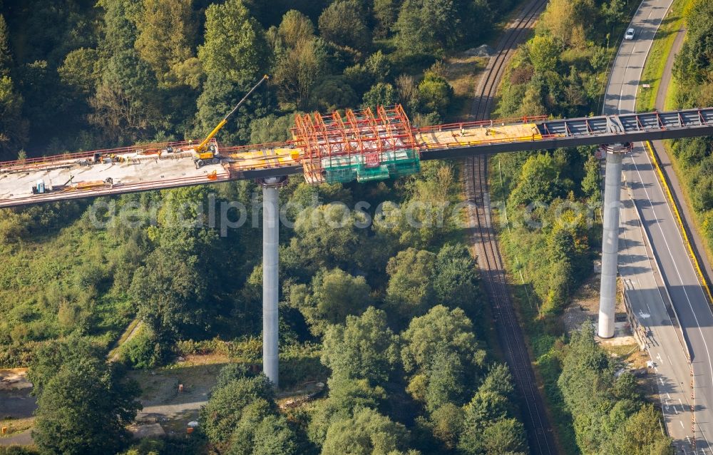 Aerial photograph Bestwig - Construction site for the new building of Routing and traffic lanes over the highway bridge in the motorway A A 46 - B480n Neue Ruhrtalbruecke Bermecke in Bestwig in the state North Rhine-Westphalia