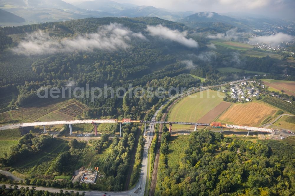 Bestwig from above - Construction site for the new building of Routing and traffic lanes over the highway bridge in the motorway A A 46 - B480n Neue Ruhrtalbruecke Bermecke in Bestwig in the state North Rhine-Westphalia