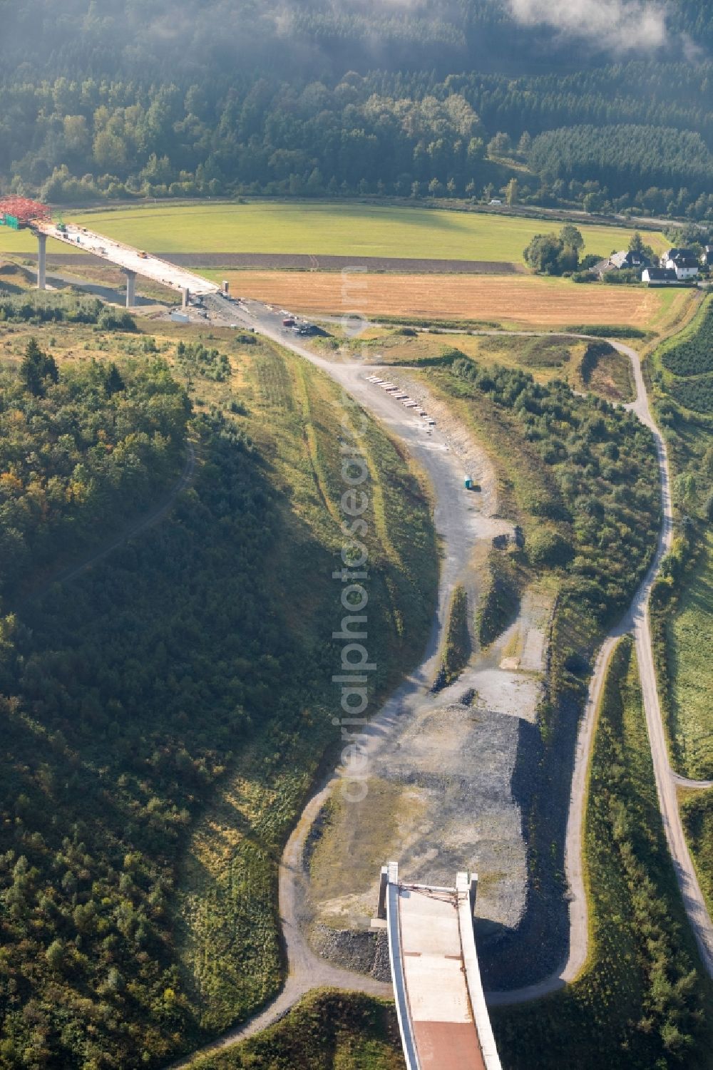 Bestwig from the bird's eye view: Construction site for the new building of Routing and traffic lanes over the highway bridge in the motorway A A 46 - B480n Neue Ruhrtalbruecke Bermecke in Bestwig in the state North Rhine-Westphalia