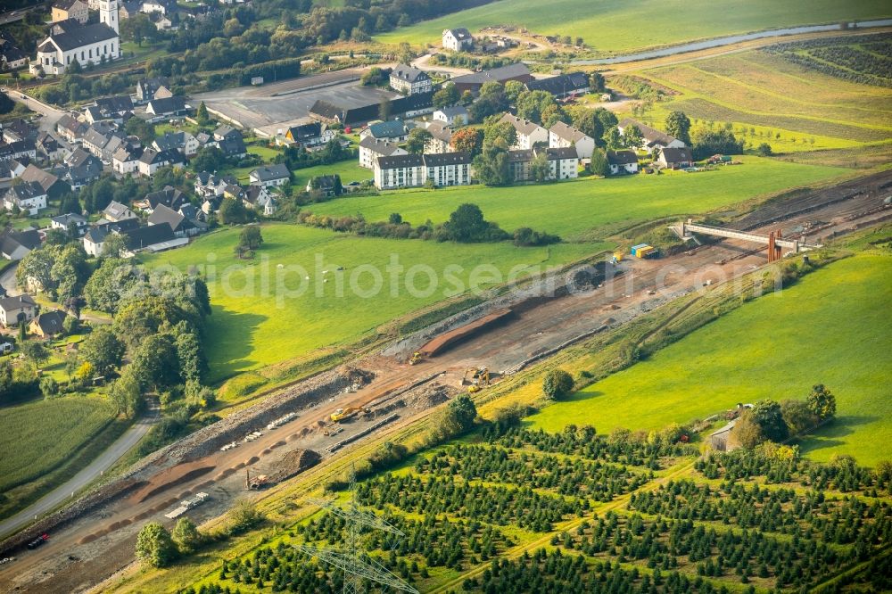 Aerial image Bestwig - Construction site for the new building of Routing and traffic lanes over the highway bridge in the motorway A A 46 - B480n Neue Ruhrtalbruecke Bermecke in Bestwig in the state North Rhine-Westphalia