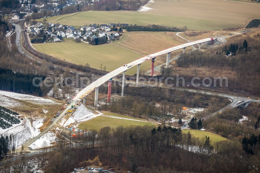 Aerial photograph Bestwig - Construction site for the new building of Routing and traffic lanes over the highway bridge in the motorway A A 46 - B480n Neue Ruhrtalbruecke Bermecke in Bestwig in the state North Rhine-Westphalia