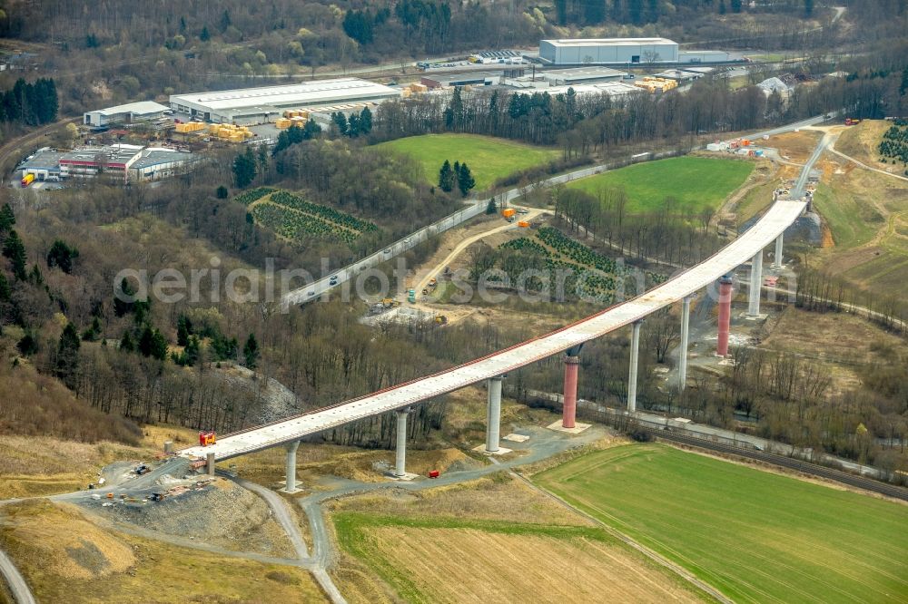 Aerial photograph Bestwig - Construction site for the new building of Routing and traffic lanes over the highway bridge in the motorway A A 46 - B480n Neue Ruhrtalbruecke Bermecke in Bestwig in the state North Rhine-Westphalia