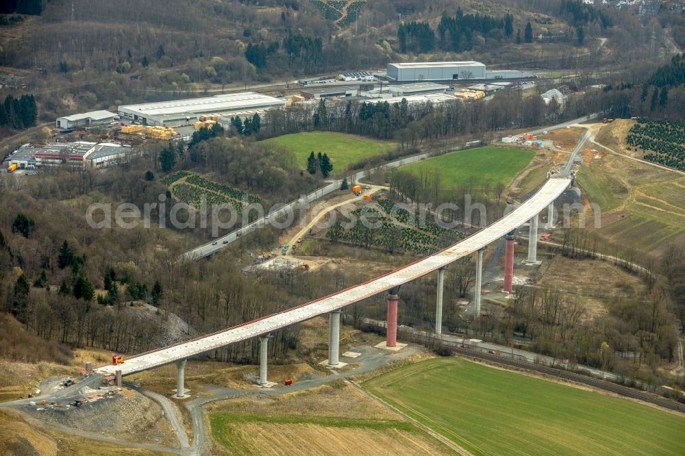 Bestwig from above - Construction site for the new building of Routing and traffic lanes over the highway bridge in the motorway A A 46 - B480n Neue Ruhrtalbruecke Bermecke in Bestwig in the state North Rhine-Westphalia