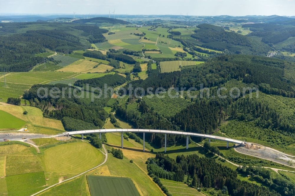 Bestwig from above - Construction site for the new building of Routing and traffic lanes over the highway bridge in the motorway A A 46 - B480n Neue Ruhrtalbruecke Bermecke in Bestwig in the state North Rhine-Westphalia