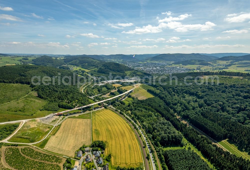 Bestwig from the bird's eye view: Construction site for the new building of Routing and traffic lanes over the highway bridge in the motorway A A 46 - B480n Neue Ruhrtalbruecke Bermecke in Bestwig in the state North Rhine-Westphalia