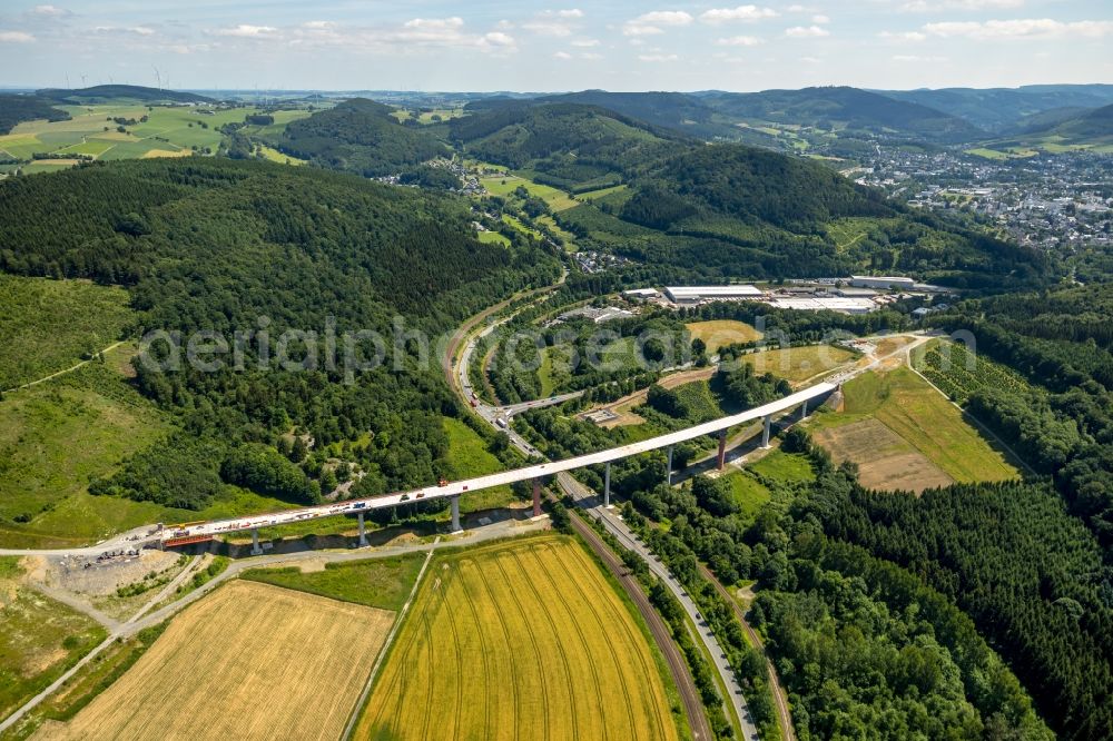 Aerial image Bestwig - Construction site for the new building of Routing and traffic lanes over the highway bridge in the motorway A A 46 - B480n Neue Ruhrtalbruecke Bermecke in Bestwig in the state North Rhine-Westphalia