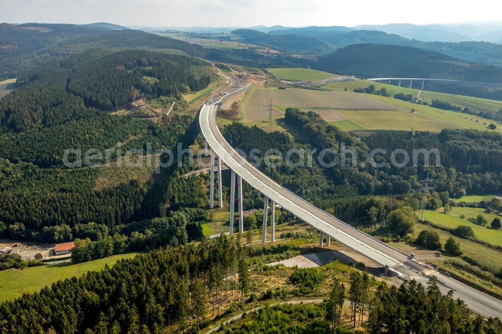 Bestwig from above - Construction site for the new building of Routing and traffic lanes over the highway bridge in the motorway A 46 - B480n Neue Ruhrtalbruecke Bermecke in Bestwig in the state North Rhine-Westphalia