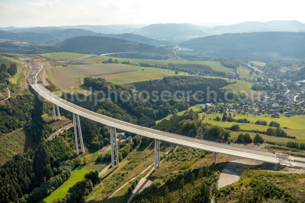 Aerial image Bestwig - Construction site for the new building of Routing and traffic lanes over the highway bridge in the motorway A 46 - B480n Neue Ruhrtalbruecke Bermecke in Bestwig in the state North Rhine-Westphalia