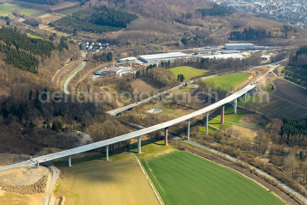 Bestwig from above - Construction site for the new building of Routing and traffic lanes over the highway bridge in the motorway A 46 - B480n Neue Ruhrtalbruecke Bermecke in Bestwig in the state North Rhine-Westphalia