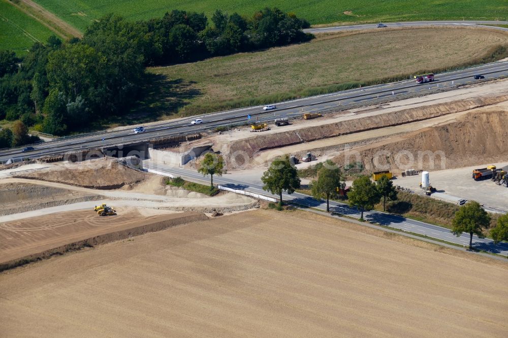 Aerial photograph Northeim - Construction site for the new building of Routing and traffic lanes over the highway bridge in the motorway A 7 in Northeim in the state Lower Saxony, Germany