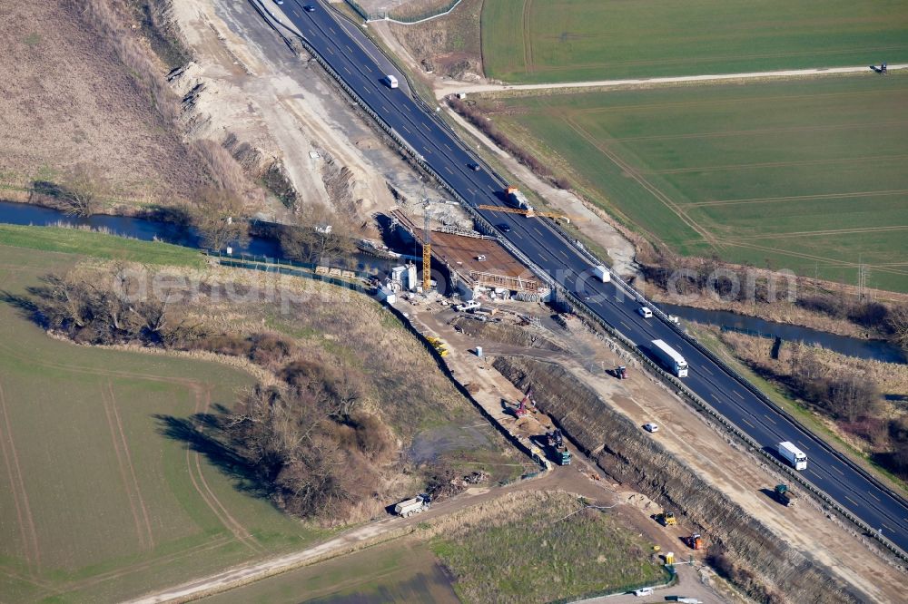 Northeim from above - Construction site for the new building of Routing and traffic lanes over the highway bridge in the motorway A 7 in Northeim in the state Lower Saxony, Germany