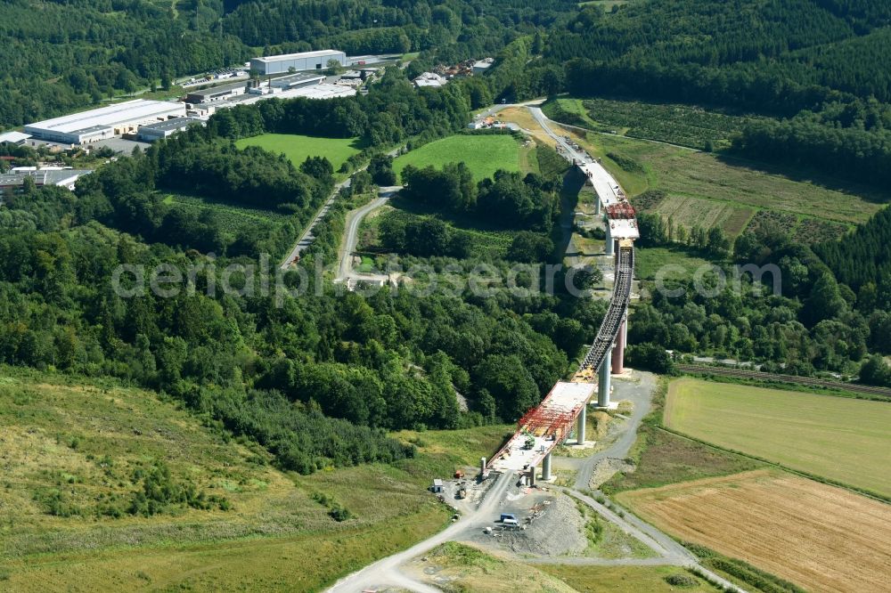 Aerial photograph Olsberg - Construction site for the new building of Routing and traffic lanes over the highway bridge in the motorway A 46n in the district Bigge in Olsberg in the state North Rhine-Westphalia, Germany