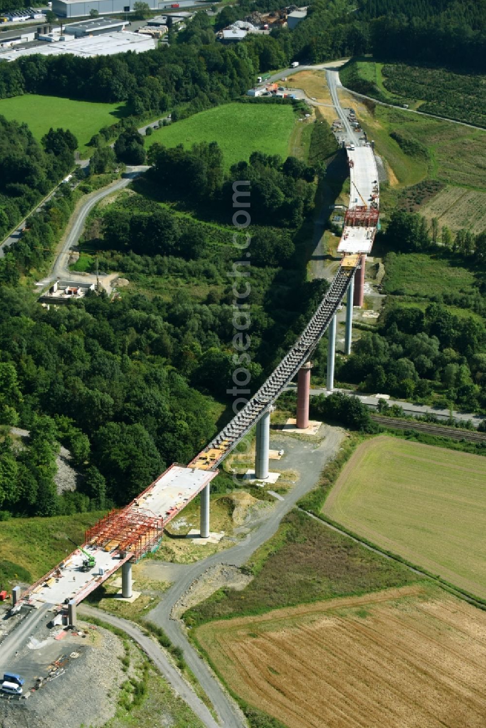 Aerial image Olsberg - Construction site for the new building of Routing and traffic lanes over the highway bridge in the motorway A 46n in the district Bigge in Olsberg in the state North Rhine-Westphalia, Germany