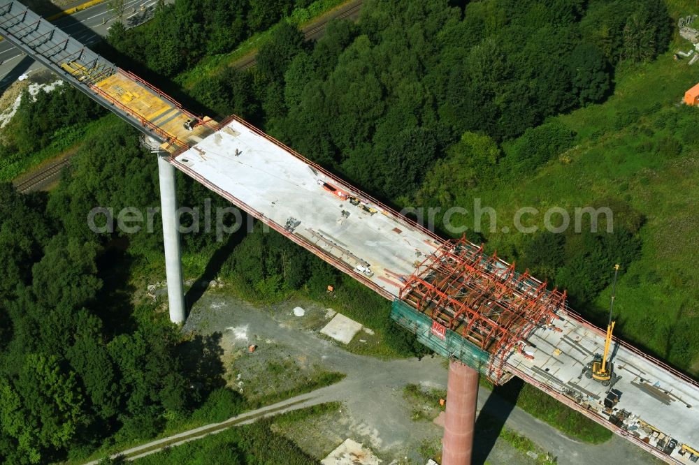 Olsberg from above - Construction site for the new building of Routing and traffic lanes over the highway bridge in the motorway A 46n in the district Bigge in Olsberg in the state North Rhine-Westphalia, Germany