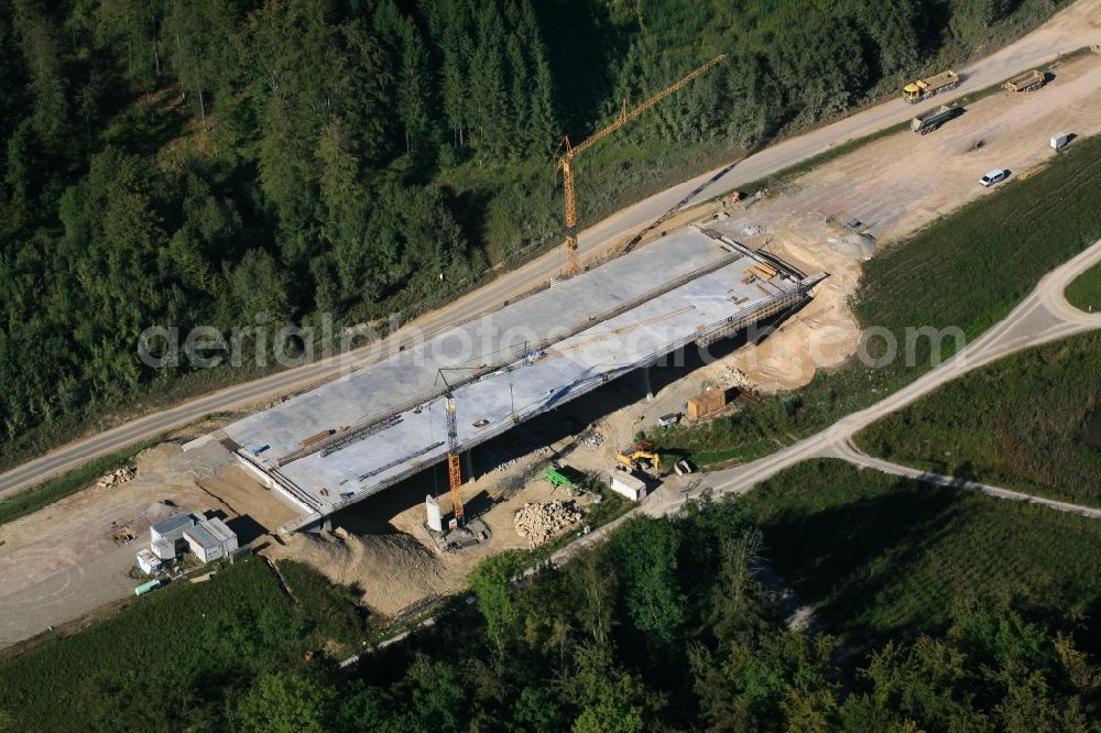 Rheinfelden (Baden) from above - Construction site for the new building of routing and traffic lanes over the highway bridge in the motorway A 98 in Rheinfelden (Baden) in the state Baden-Wuerttemberg