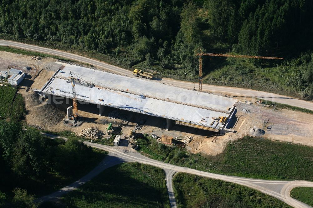 Rheinfelden (Baden) from the bird's eye view: Construction site for the new building of routing and traffic lanes over the highway bridge in the motorway A 98 in Rheinfelden (Baden) in the state Baden-Wuerttemberg