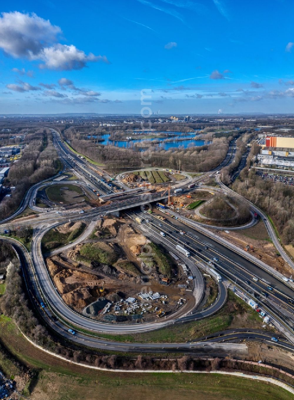 Aerial image Köln - Construction site of routing and traffic lanes during the highway exit and access the motorway A 57 in the district Ossendorf in Cologne in the state North Rhine-Westphalia, Germany