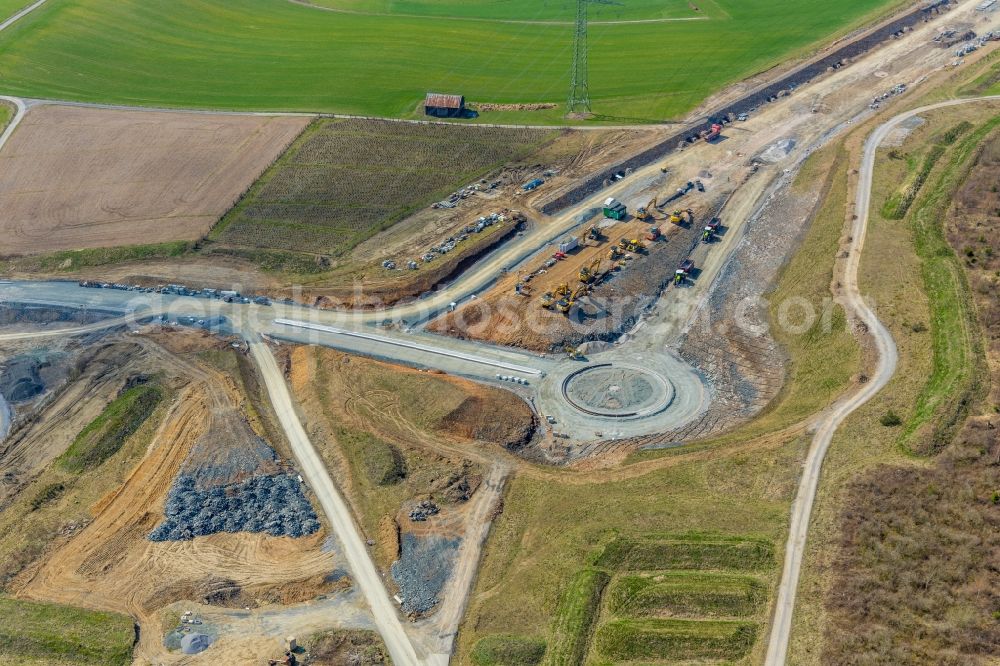 Bestwig from the bird's eye view: Construction site of routing and traffic lanes during the highway exit and access the motorway A 46 with Kreisverkehr and Anschluss on Bandesstrasse B7 in the district Olsberg in Bestwig in the state North Rhine-Westphalia, Germany