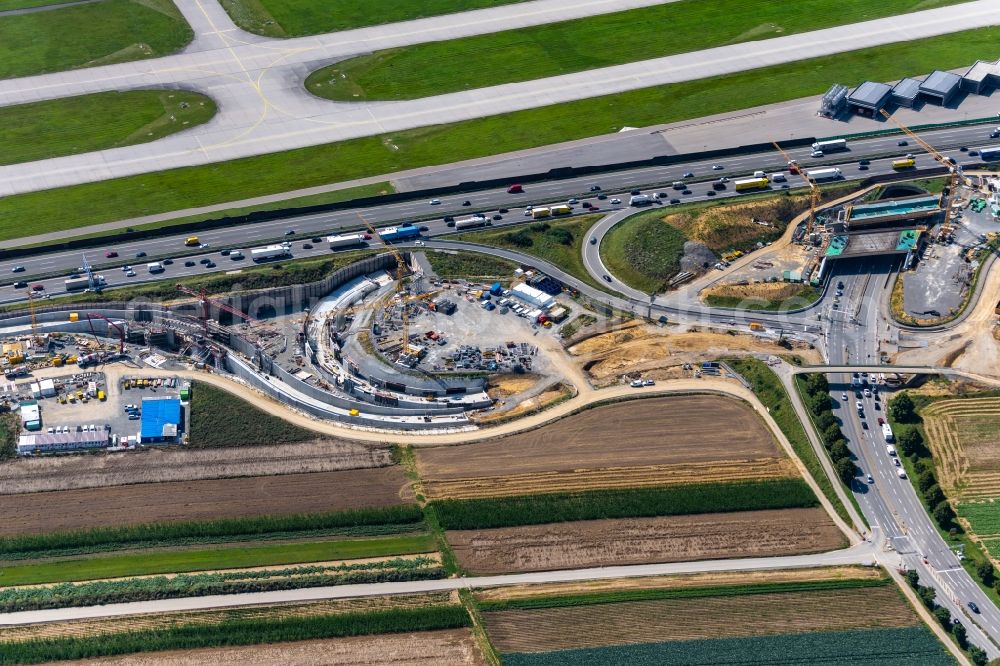 Aerial photograph Stuttgart - Construction site of routing and traffic lanes during the highway exit and access the motorway A 8 in the district Plieningen in Stuttgart in the state Baden-Wuerttemberg, Germany