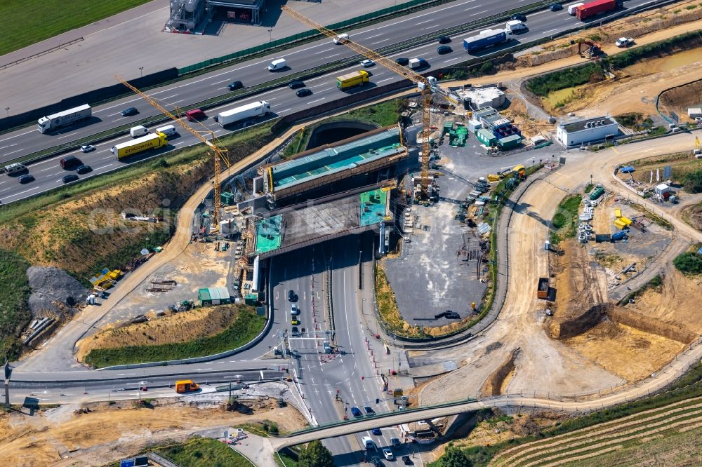 Stuttgart from above - Construction site of routing and traffic lanes during the highway exit and access the motorway A 8 in the district Plieningen in Stuttgart in the state Baden-Wuerttemberg, Germany