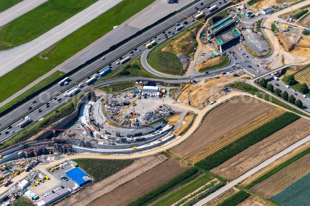 Aerial photograph Stuttgart - Construction site of routing and traffic lanes during the highway exit and access the motorway A 8 in the district Plieningen in Stuttgart in the state Baden-Wuerttemberg, Germany