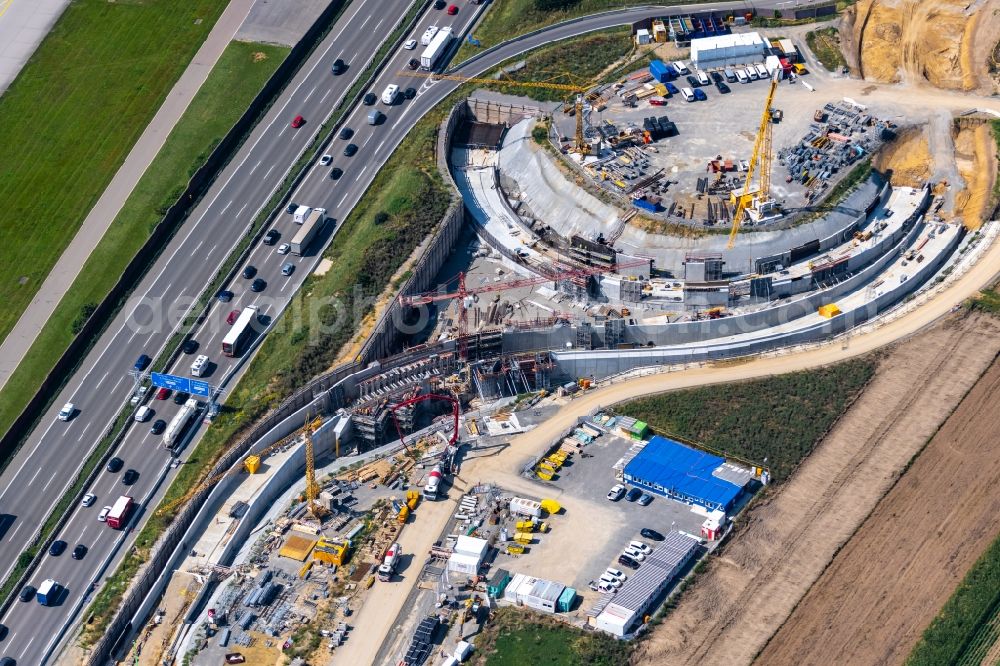 Stuttgart from above - Construction site of routing and traffic lanes during the highway exit and access the motorway A 8 in the district Plieningen in Stuttgart in the state Baden-Wuerttemberg, Germany