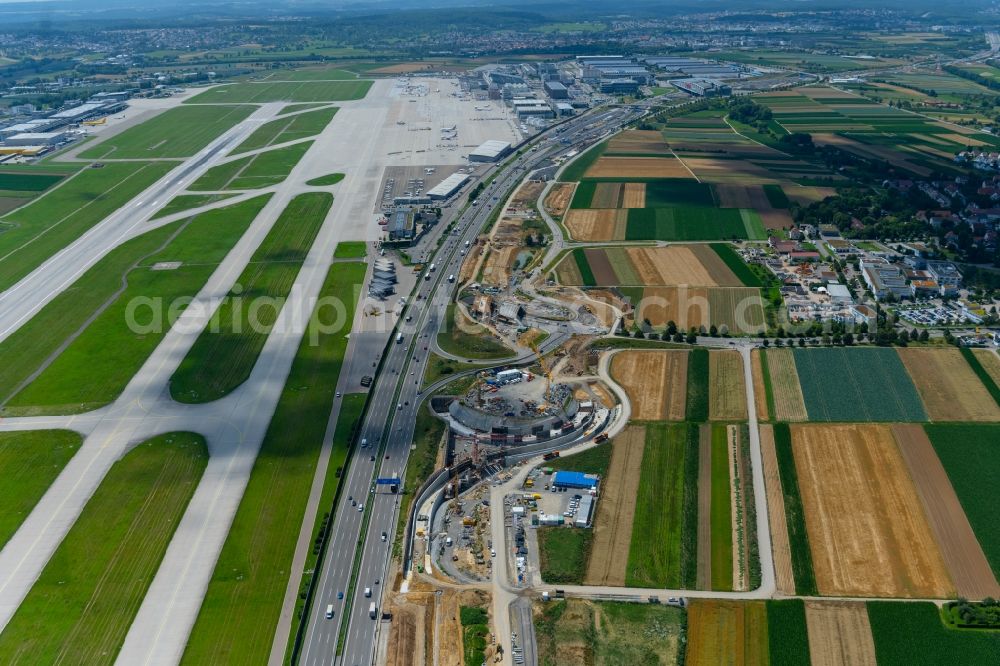 Aerial image Stuttgart - Construction site of routing and traffic lanes during the highway exit and access the motorway A 8 in the district Plieningen in Stuttgart in the state Baden-Wuerttemberg, Germany