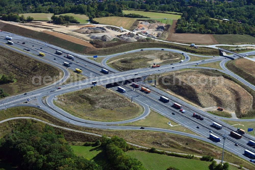 Aerial photograph Würzburg - Construction site of routing and traffic lanes during the highway exit and access the motorway A 3 in Wuerzburg in the state Bavaria, Germany