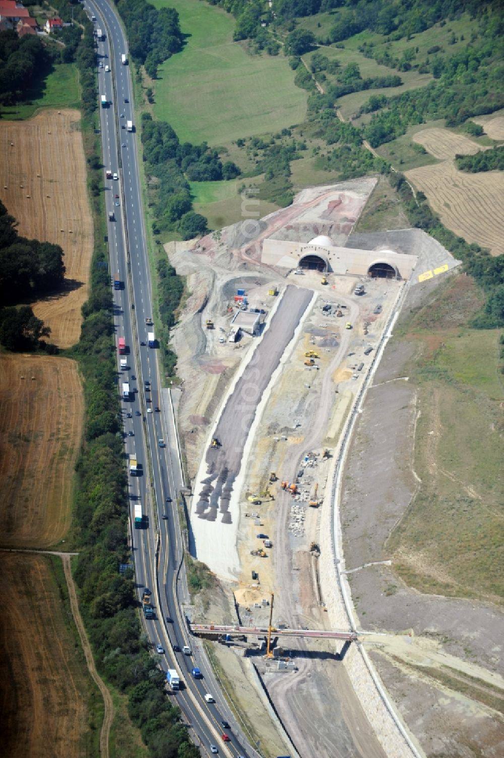 Jena from above - View of the construction site chase mountain highway tunnel laying E40 European highway A4 at Jena in Thuringia