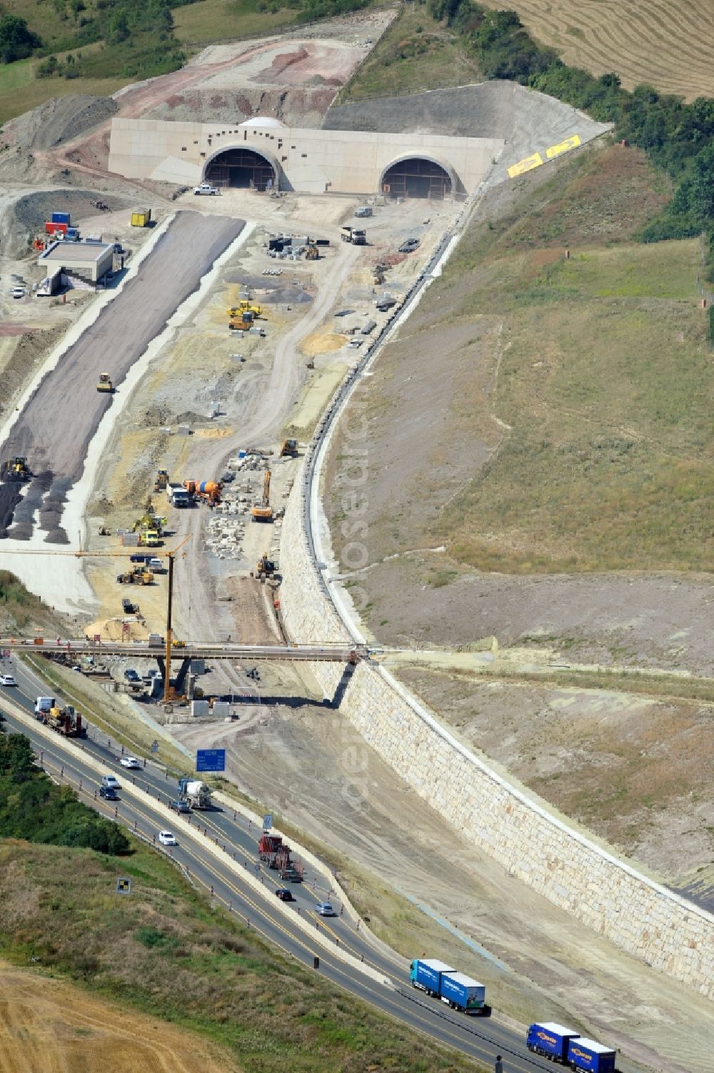 Jena from above - View of the construction site chase mountain highway tunnel laying E40 European highway A4 at Jena in Thuringia