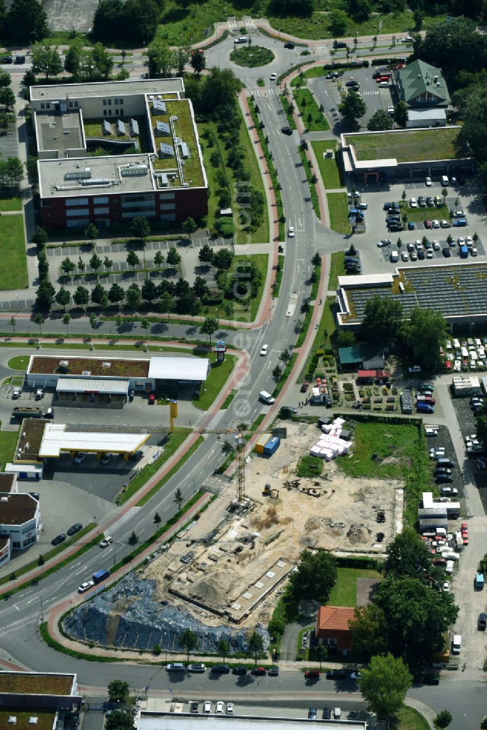 Teltow from the bird's eye view: Construction site at the car dealership of the car Oderstrasse - Saganer Strasse in Teltow in the state Brandenburg, Germany