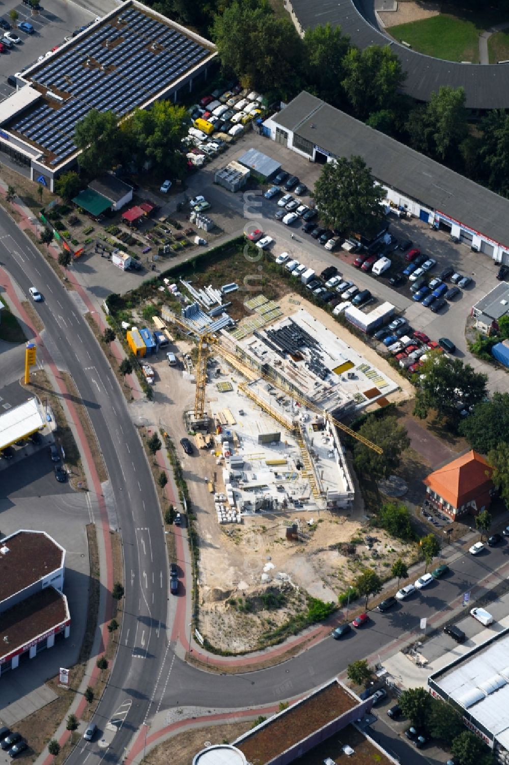 Aerial image Teltow - Construction site at the car dealership of the car Oderstrasse - Saganer Strasse in Teltow in the state Brandenburg, Germany