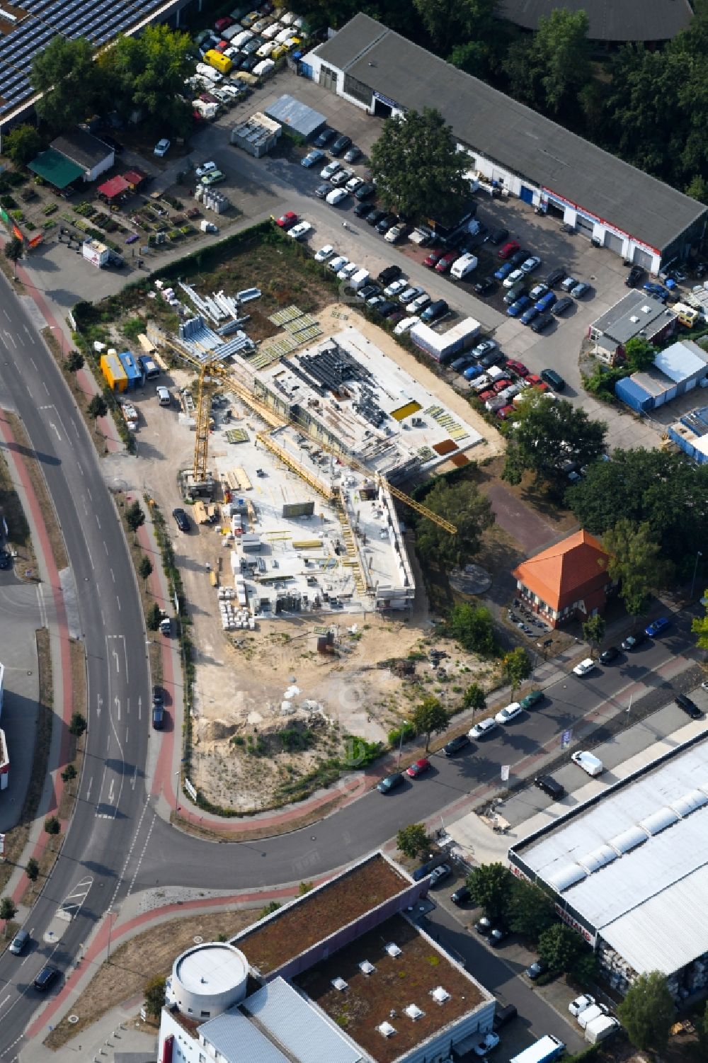 Aerial photograph Teltow - Construction site at the car dealership of the car Oderstrasse - Saganer Strasse in Teltow in the state Brandenburg, Germany