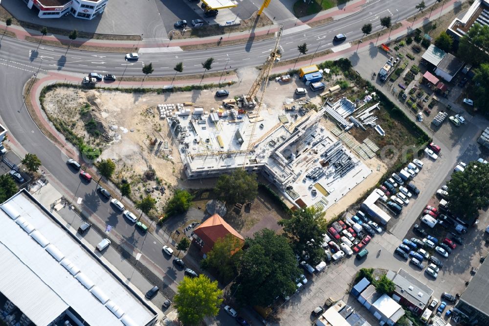 Teltow from the bird's eye view: Construction site at the car dealership of the car Oderstrasse - Saganer Strasse in Teltow in the state Brandenburg, Germany