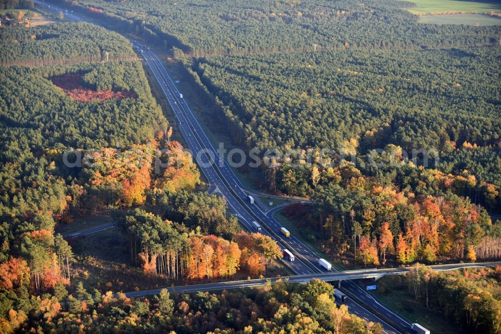 Spreenhagen from the bird's eye view: Highway construction site for the expansion and extension of track along the route of the motorway A12 E30 in Spreenhagen in the state Brandenburg