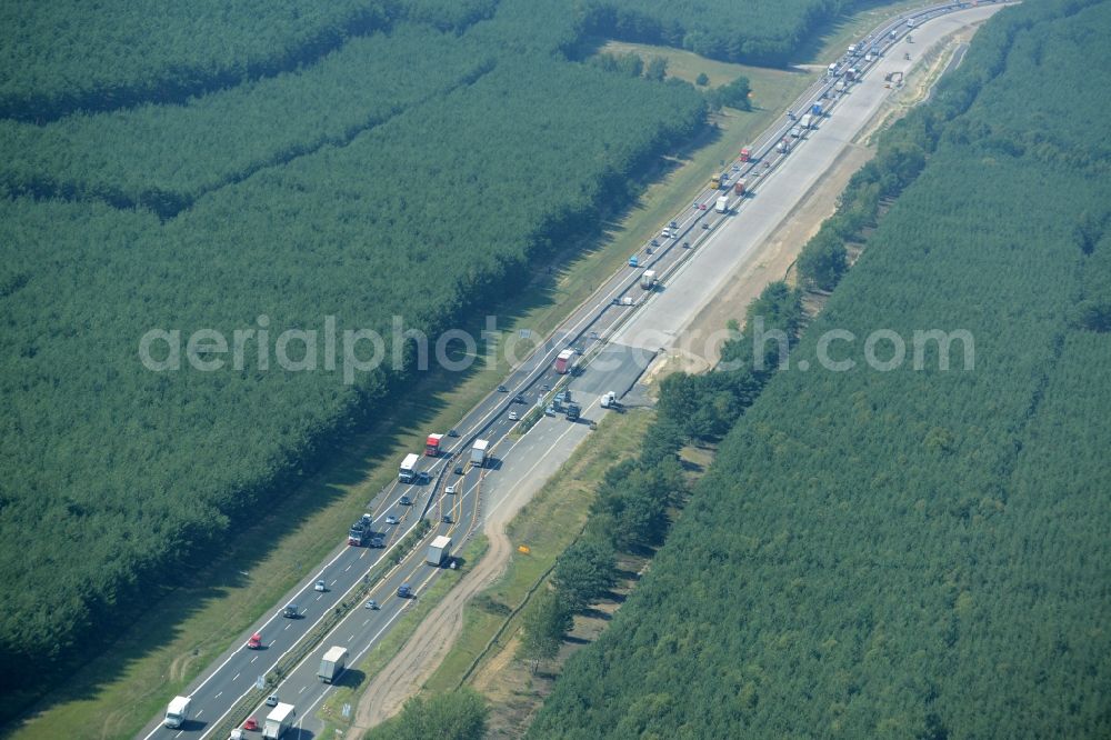 Heidesee from above - Highway construction site for the expansion and extension of track along the route of the motorway A12 E30 in Heidesee in the state Brandenburg