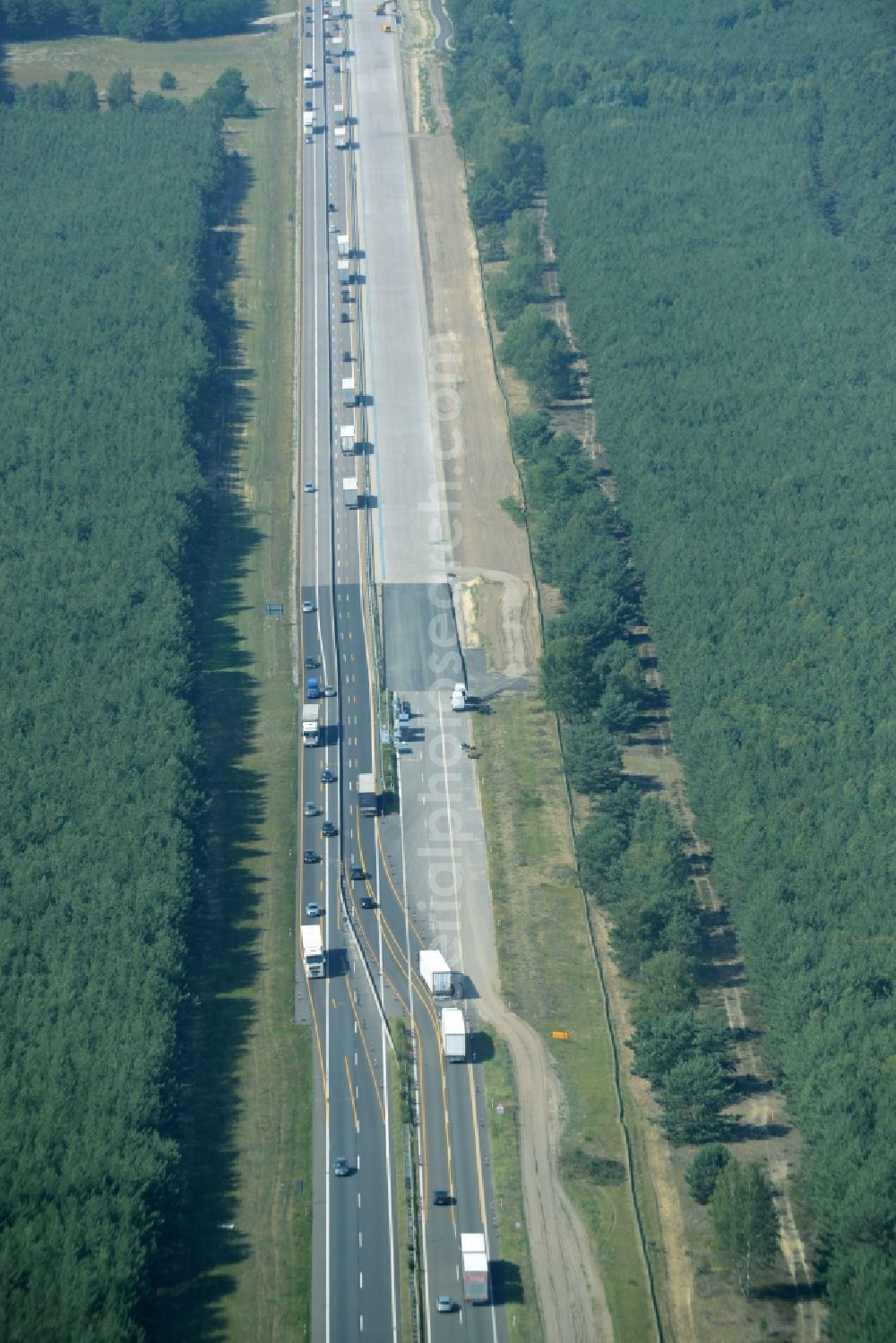 Heidesee from above - Highway construction site for the expansion and extension of track along the route of the motorway A12 E30 in Heidesee in the state Brandenburg