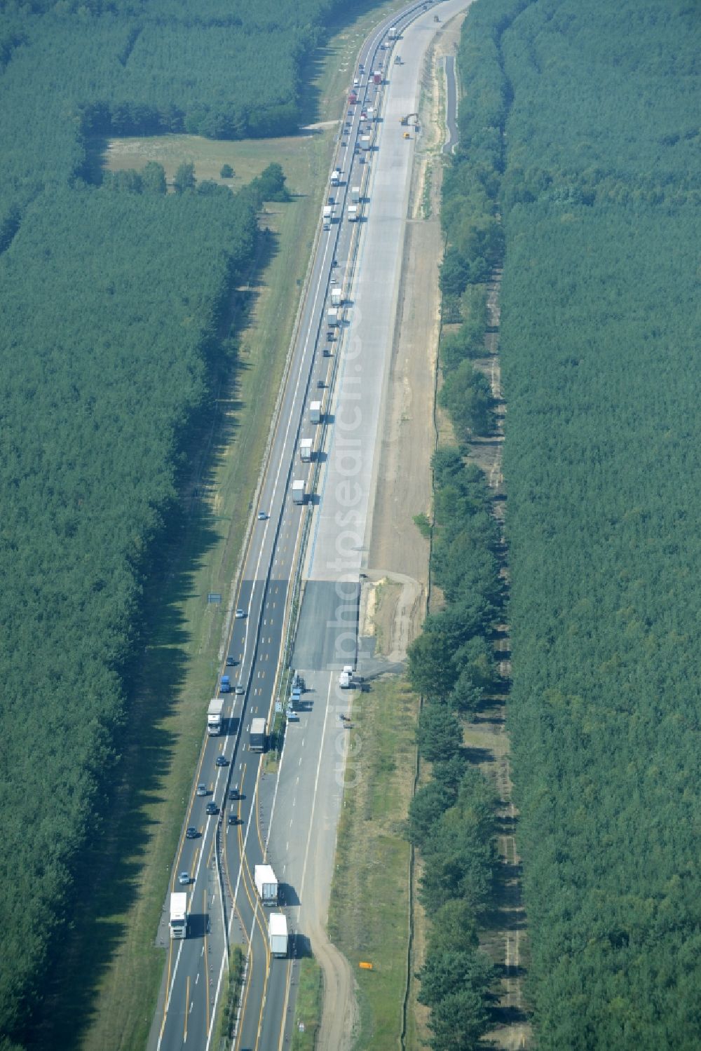 Heidesee from the bird's eye view: Highway construction site for the expansion and extension of track along the route of the motorway A12 E30 in Heidesee in the state Brandenburg