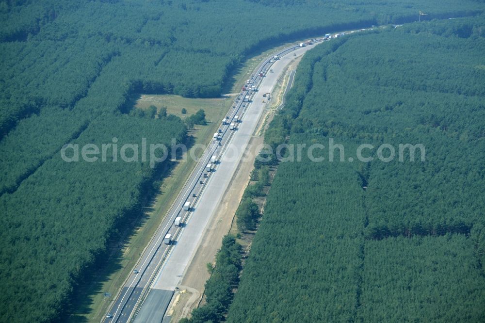 Aerial image Heidesee - Highway construction site for the expansion and extension of track along the route of the motorway A12 E30 in Heidesee in the state Brandenburg