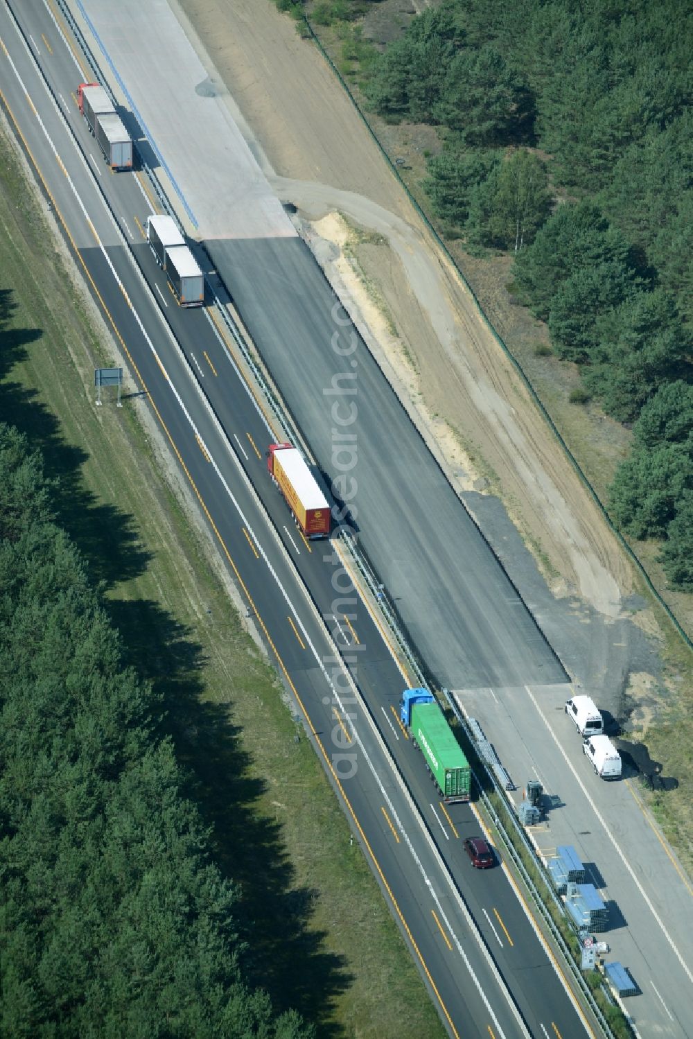 Heidesee from above - Highway construction site for the expansion and extension of track along the route of the motorway A12 E30 in Heidesee in the state Brandenburg