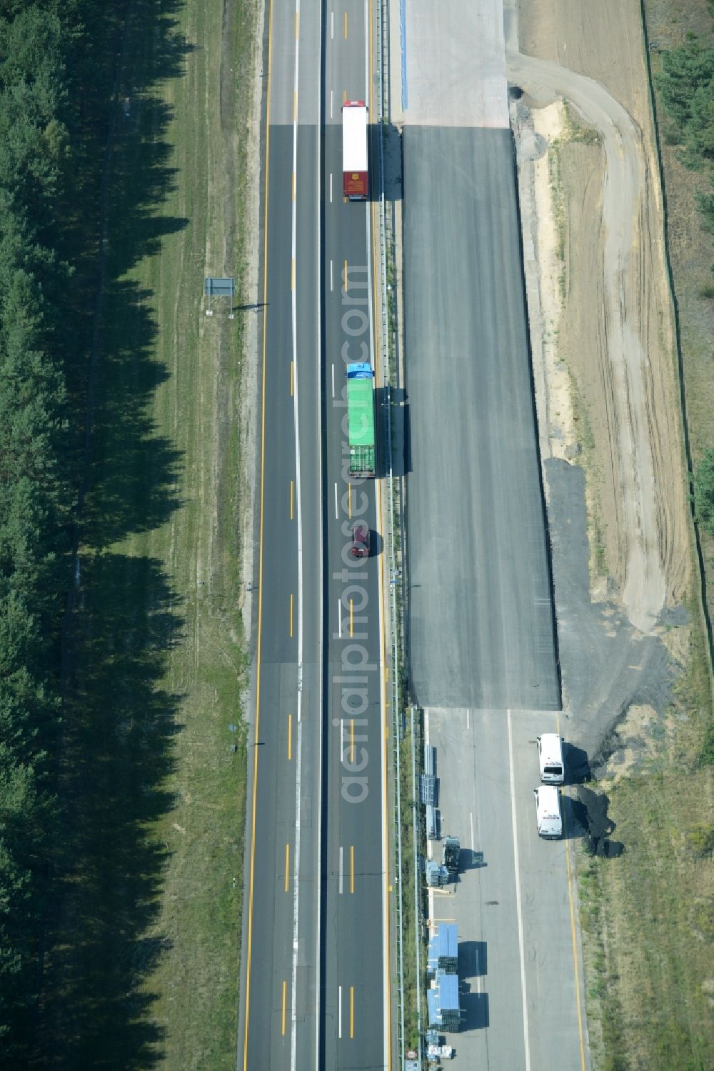 Heidesee from the bird's eye view: Highway construction site for the expansion and extension of track along the route of the motorway A12 E30 in Heidesee in the state Brandenburg