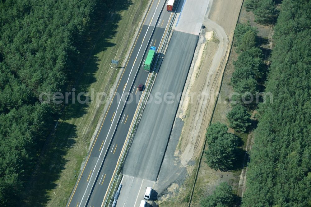 Aerial image Heidesee - Highway construction site for the expansion and extension of track along the route of the motorway A12 E30 in Heidesee in the state Brandenburg