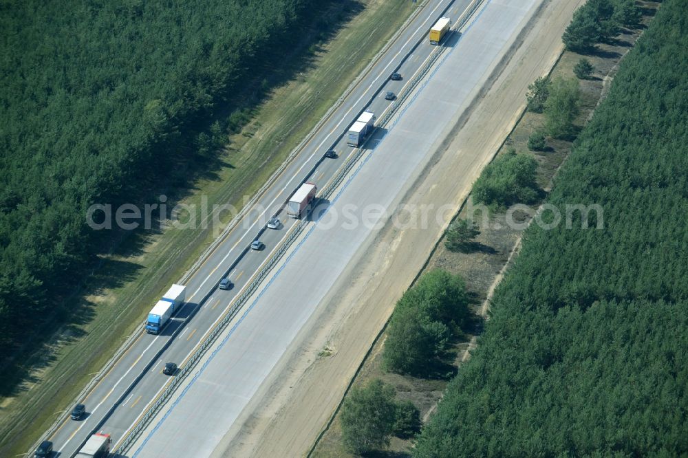 Aerial photograph Heidesee - Highway construction site for the expansion and extension of track along the route of the motorway A12 E30 in Heidesee in the state Brandenburg